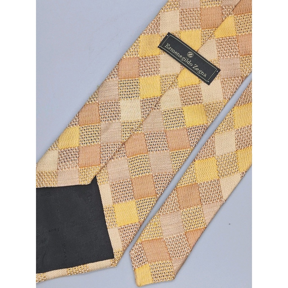 Ermenegildo Zegna Mens Tie Silk Woven Diamond Gold Made in Italy Designer Luxury